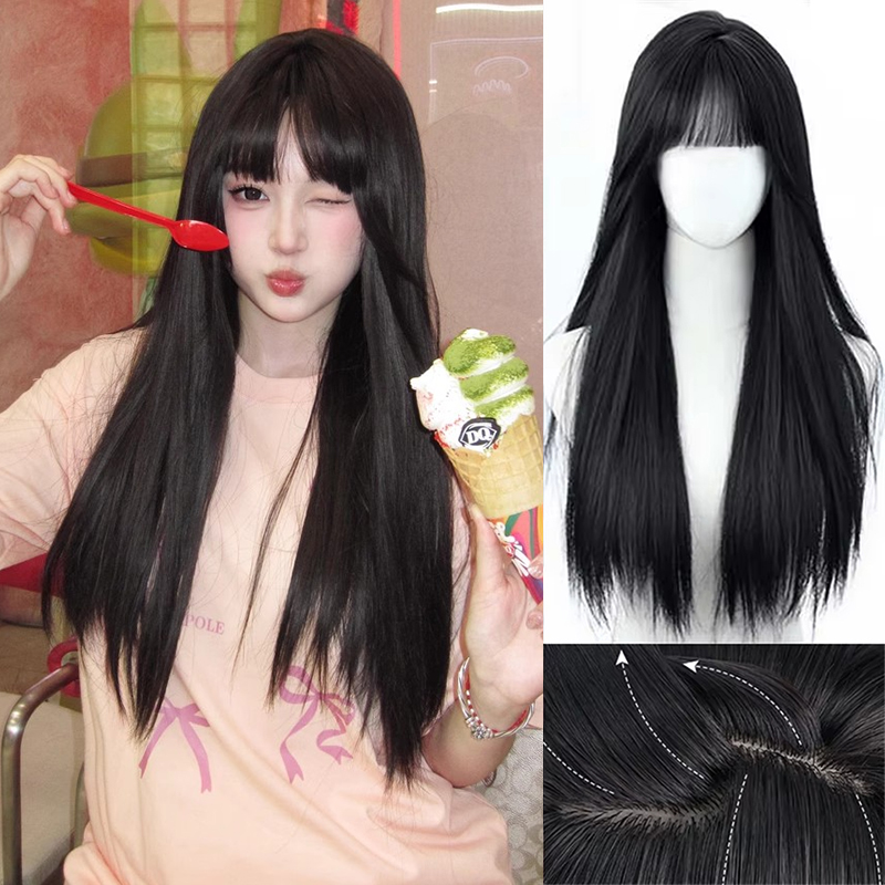Synthetic Korean Black Long St - Anime Cosplay Girl With Black Hair review and price
